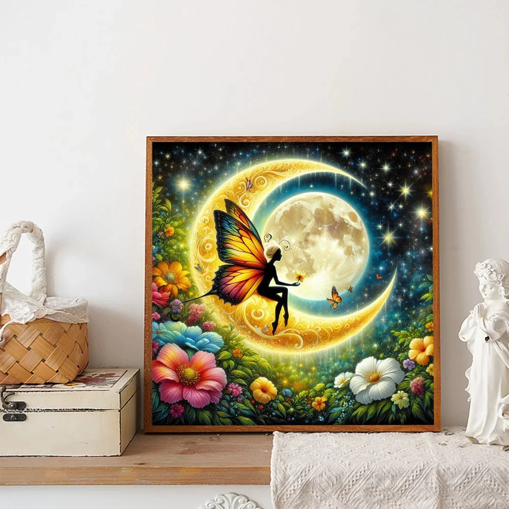 Glowing Moon With Butterfly And Flower Diamond Painting Fantasy Starry Sky 5D DIY Full Drills Embroidery Cross Stitch Decor Gift