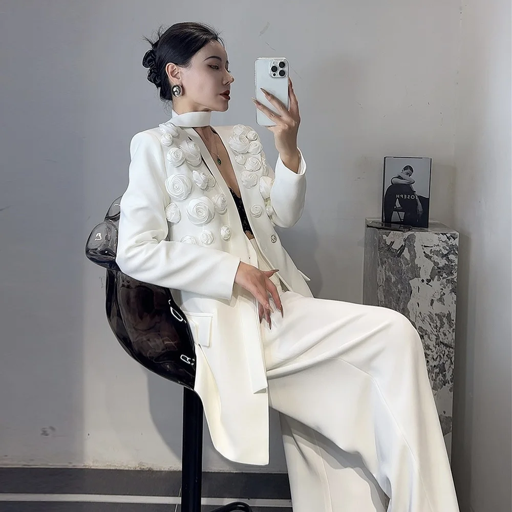 TWOTWINSTYLE Solid Two Piece Set For Women Lapel Long Sleeve Spliced Appliques Coat High Waist Wide Leg Pant Chic Sets Female
