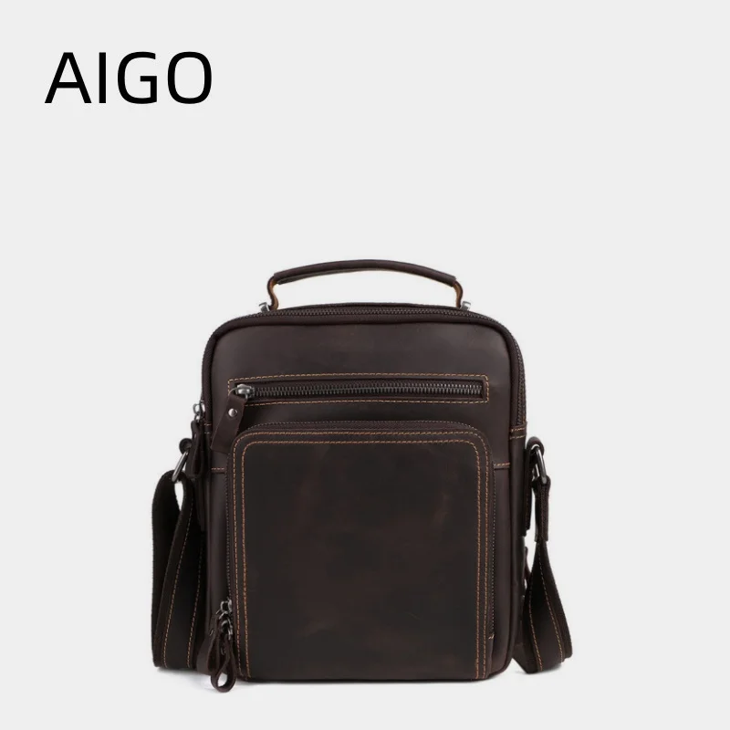 

AIGO New Genuine Leather Men Vintage Handbags Small Flap Men's Shoulder Bag Casual Office Messenger Bags Fashion Crossbody Bag