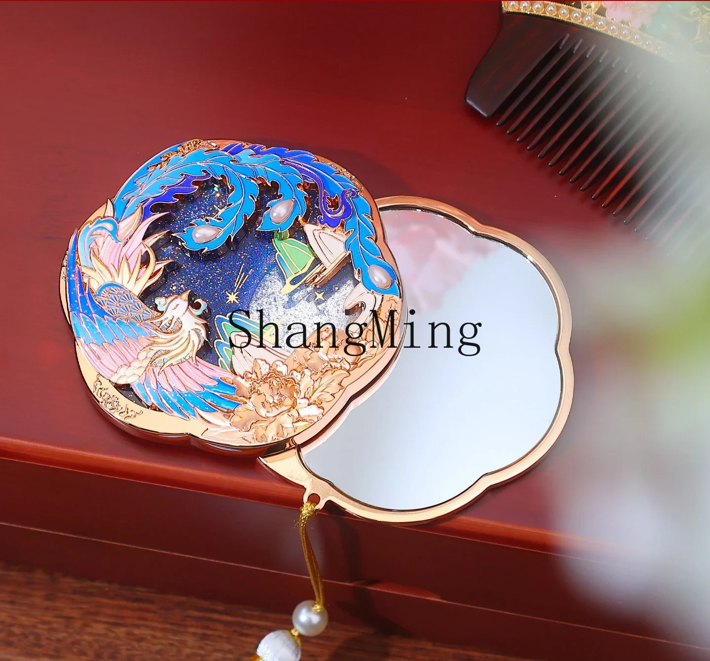 

CL quicksand metal retro mirror body mirror portable makeup mirror exquisite wooden comb gift box gift