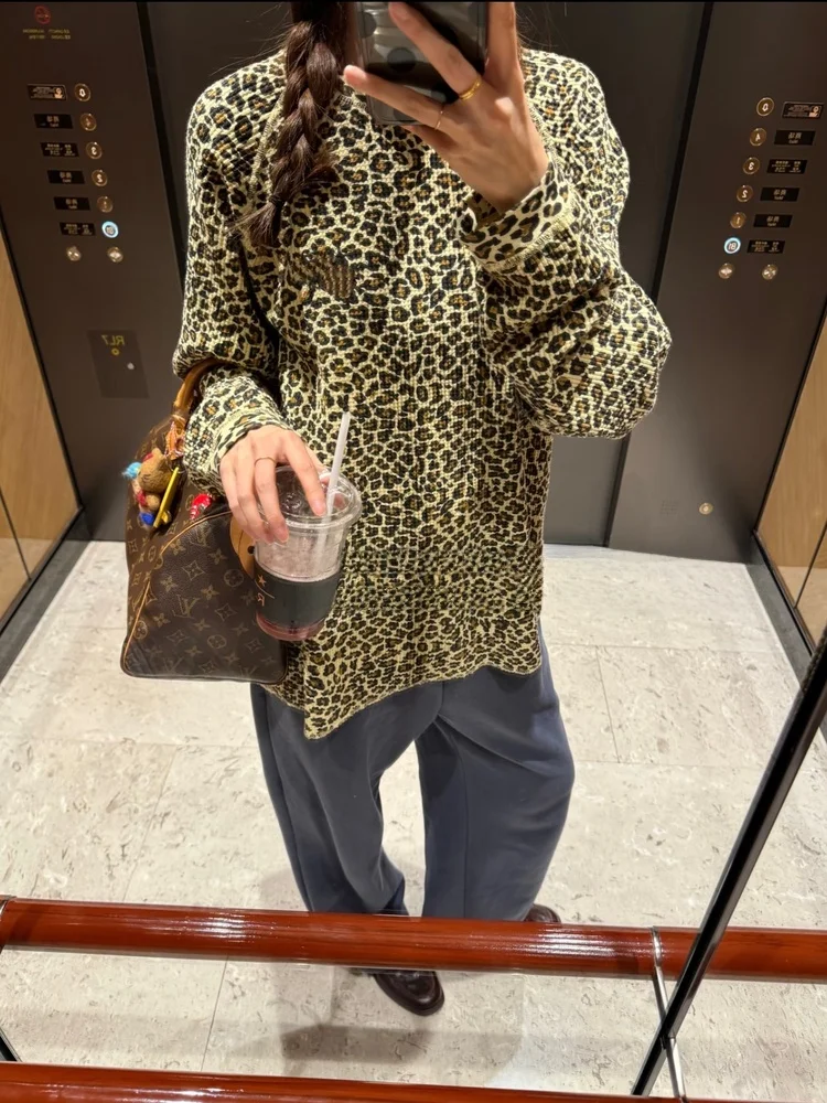 

Yonezu25fw Stu American Waffle Leopard Print Long Sleeve T-Shirt Women Loose Trendy Retro Top Citywalk Commute Daily