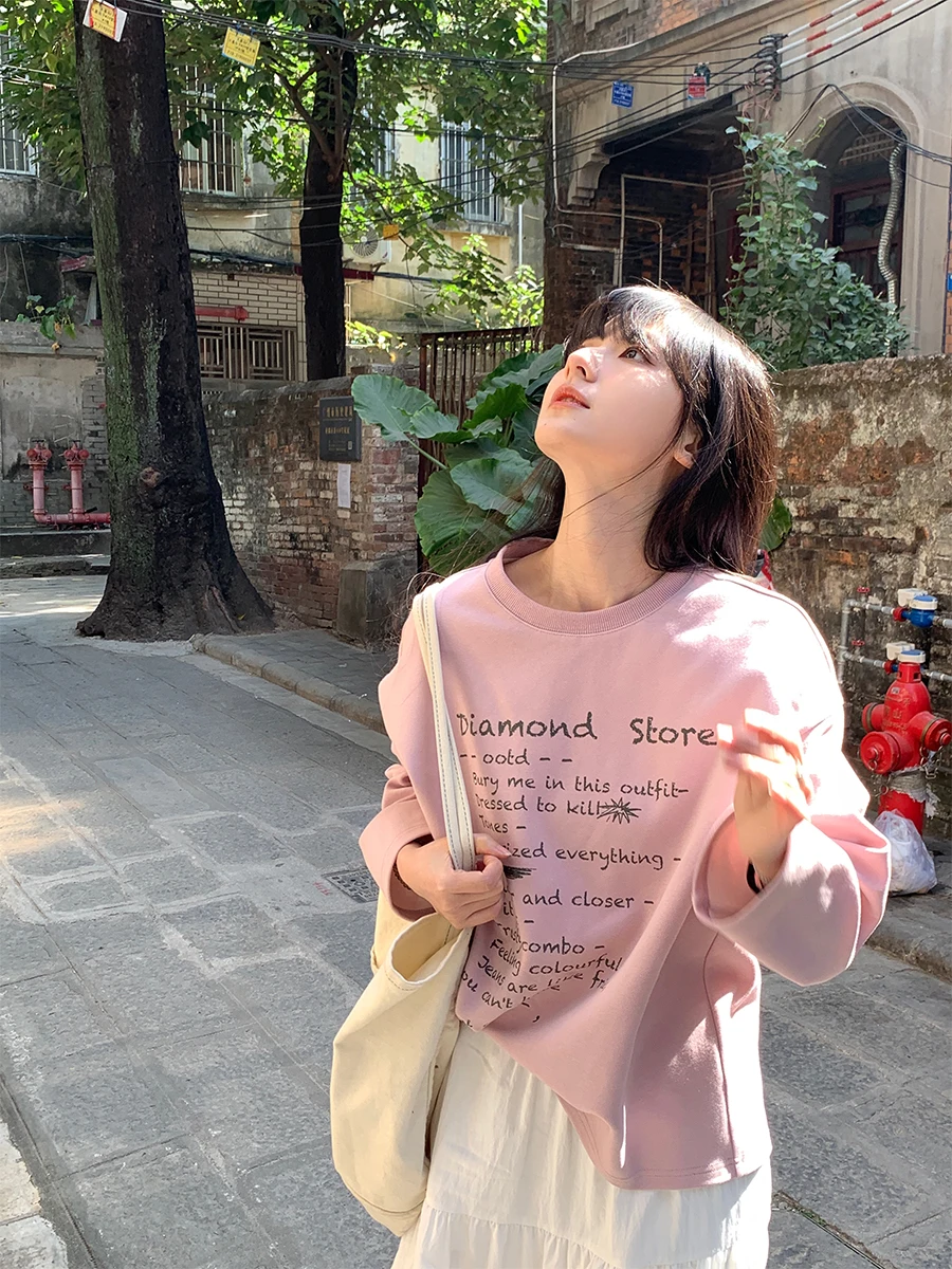 

ex Loose Fit Long Sve fiti Print Sweatirt Pink Lettering Streetwear Sle Cotton Polyester Blend Spring ential