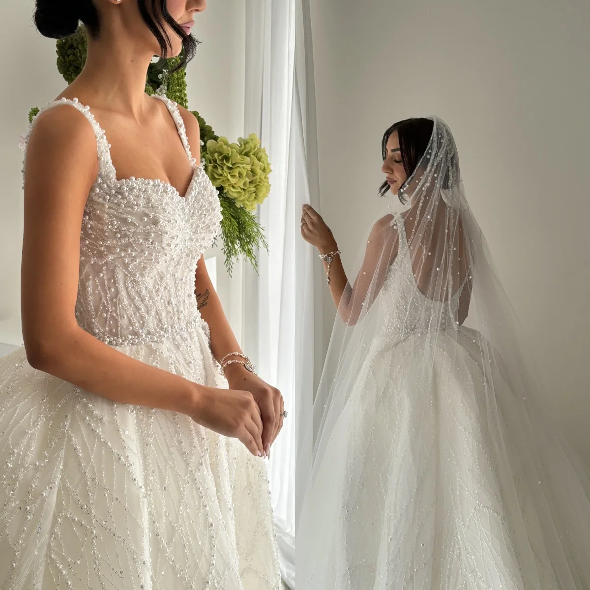 Custom White Elegant Luxurious Princess Dress Wedding Shoulder Straps Sweetheart Neckline Pearl Sequins Beaded Vestido De Novia