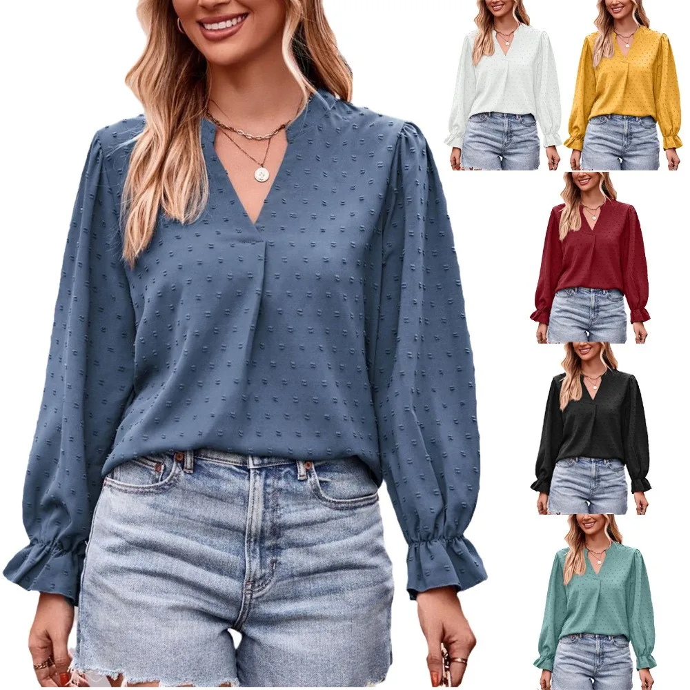 

VOLALO 2024 t shirt for women Jacquard T-Shirt V-Neck Loose Long Umbrella Sleeve Tops y2k lady Embroidered Tees ropa de mujer