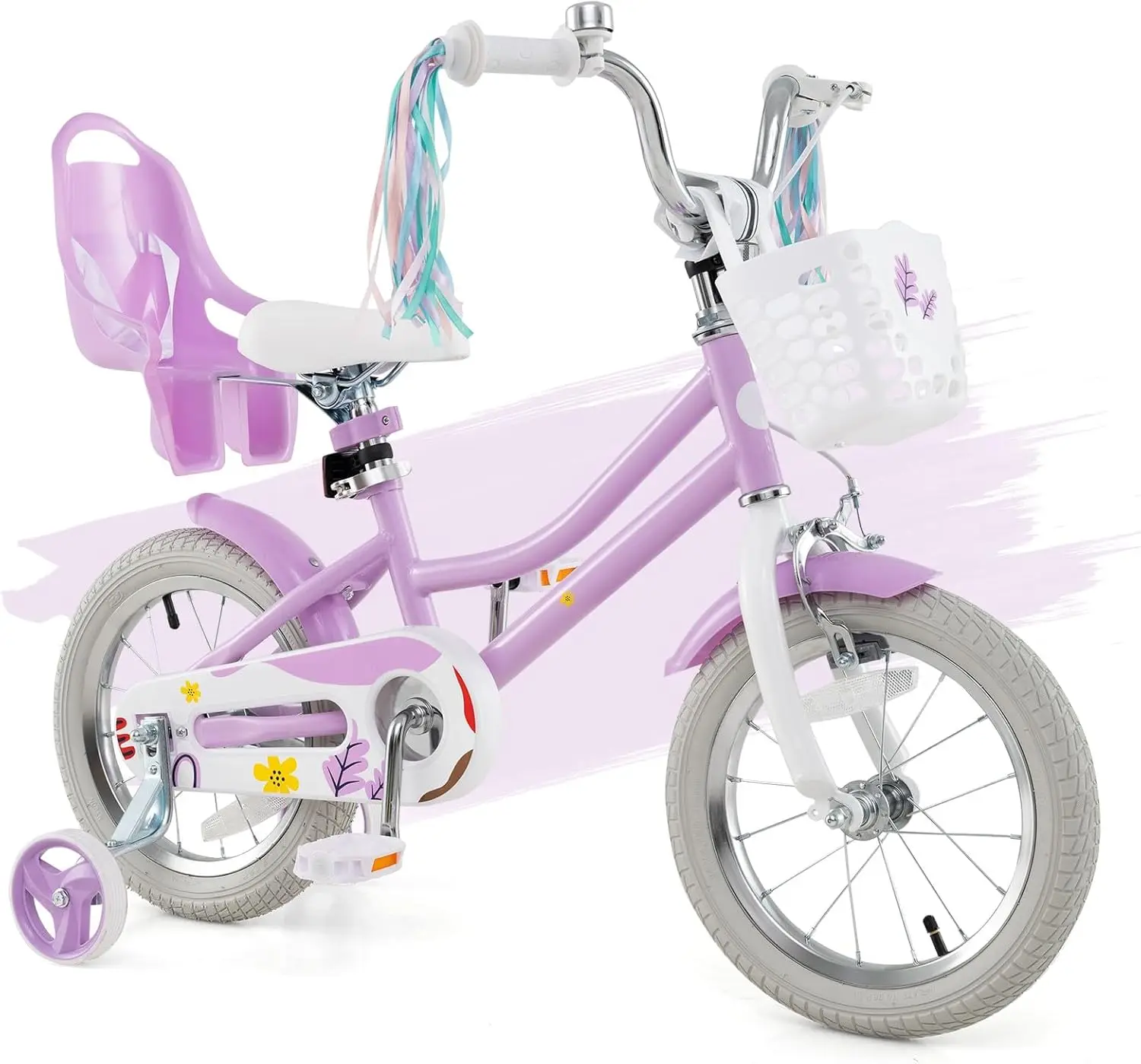 Rower dziecięcy, 12 14 16 18 cali, rower dla dziewczynki z kołami pomocniczymi, siedziskiem dla lalki, wstążkami, hamulcem ręcznym i hamulcem nożnym, w pełni zakryty łańcuch.