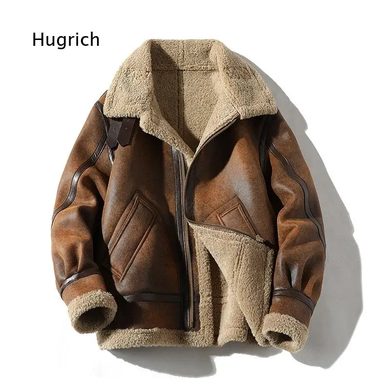 Men's Faux Shearling Jacket Zip Up Winter Warm Outerwear With Lapel Collar Pockets Loose Fit For Casual Streetwear Daily