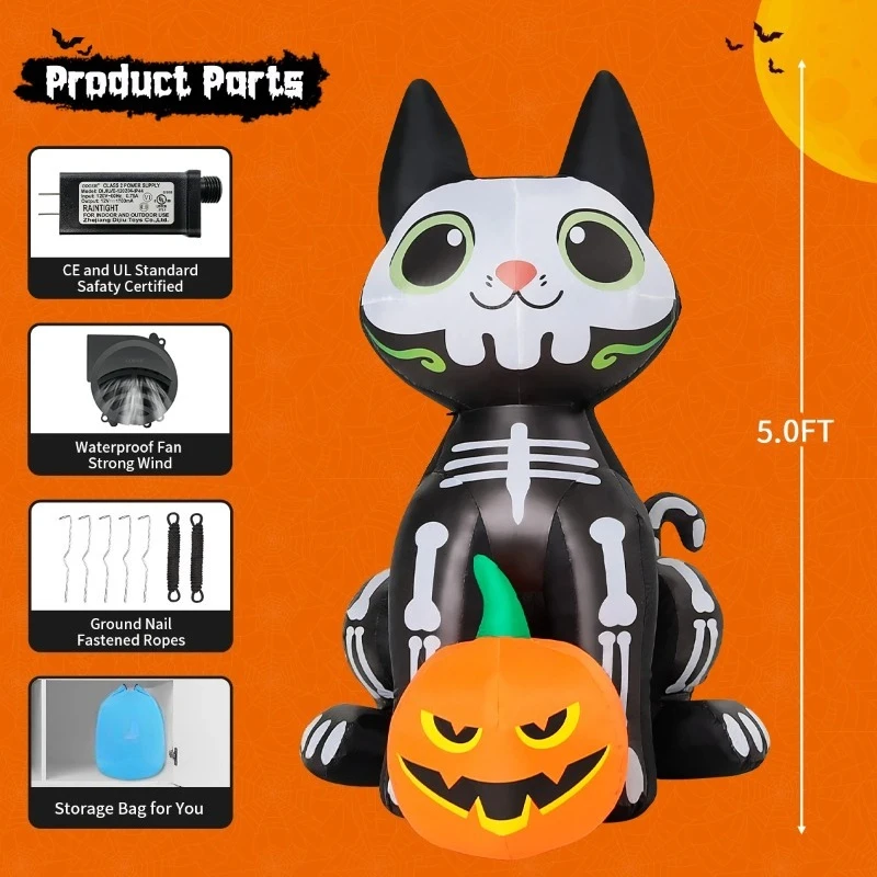 

5 FT Halloween Black Cat Inflatable, Inflatable Black Cat with Pumpkin Outdoor Halloween Decoration Clearance with LED Lights