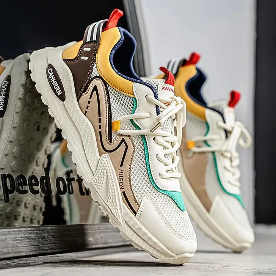 

Мужские кроссовки для увеличения роста, подходящие для повседневной носки (в стиле Dad Shoes) - бежевые и разноцветные, с низким верхом, на шнуровке, дышащие, с амортизирующей подошвой