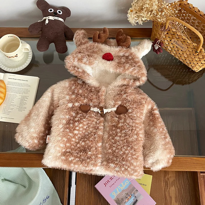 

Infant Girl Woolen Jacket Elk Style Thicken Hooded Kids Baby Girl Fur Coat Winter Single Button Closure Toddler Girls Warm Coat