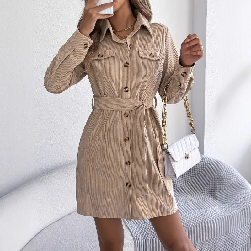 

Casual Solid Color Single-breasted Long-sleeved Lace-up Women's Shirt Skirt