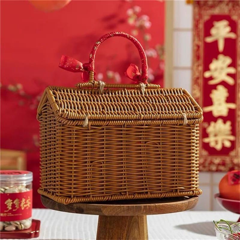 سلة ABDJ-Rattan على شكل منزل مع غطاء مع مقبض قابل للطي للنزهات وعيد الفصح والتنظيم والتخزين