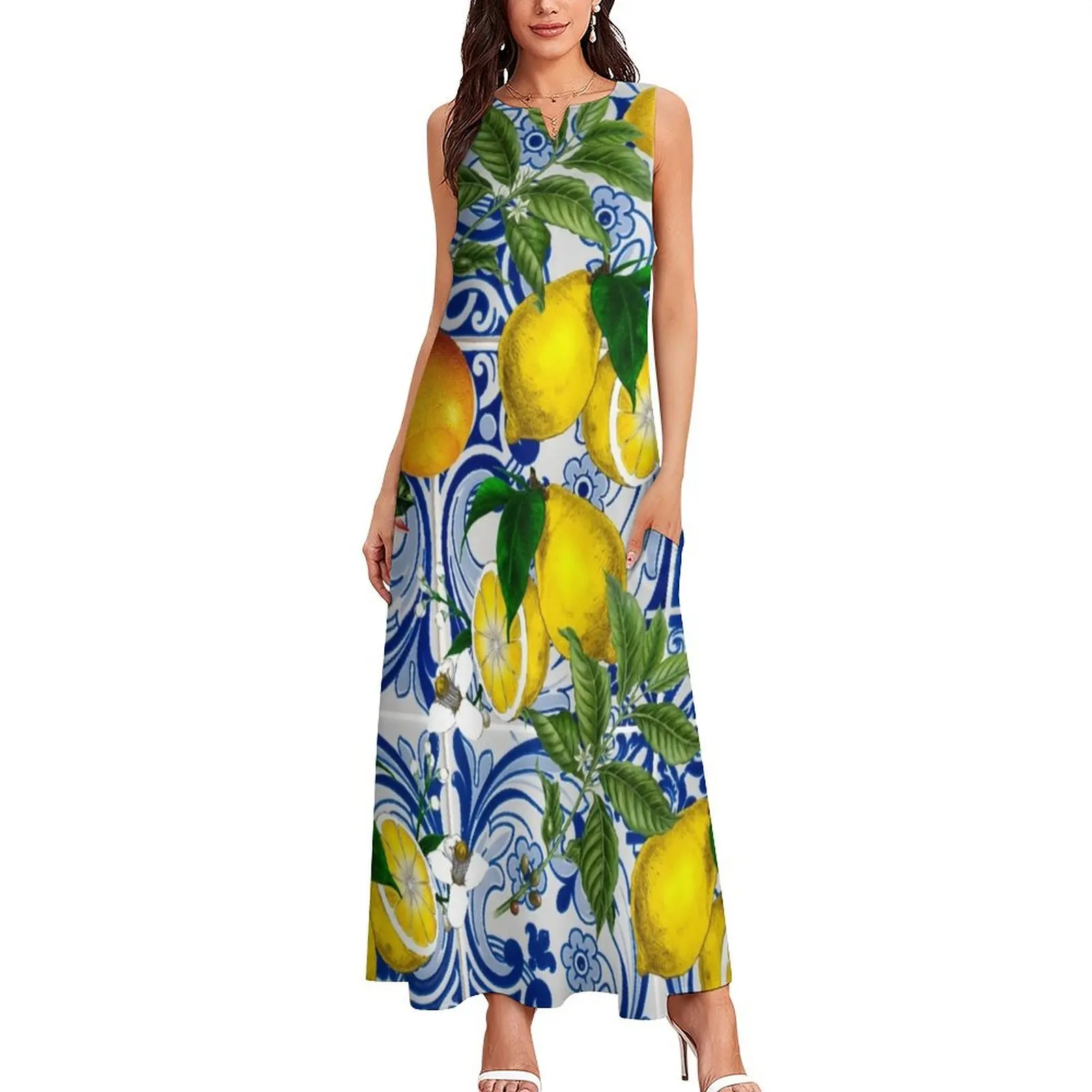 Mediterranean Lemon on Blue Ceramic Tiles Long Dress woman dress dresses for woman 2025 dresses women summer 2025 Dress