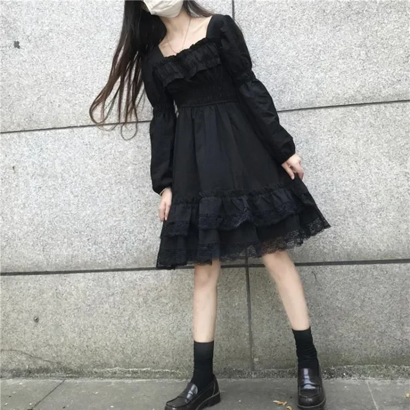 

2025 Party Ruched Fairy Grunge Robe Korean New Black Lace Ruffle Dress Woman Girls Princess Midi Elegant Dresses Vestidos hdjui2