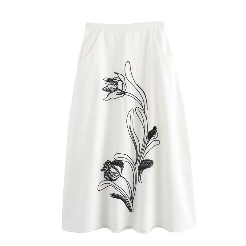 

YENKYE New 2024 Women Contrasting Embroidered White Skirt Vintage High Waist Back Zipper Elegant Long Skirts Summer falda larga