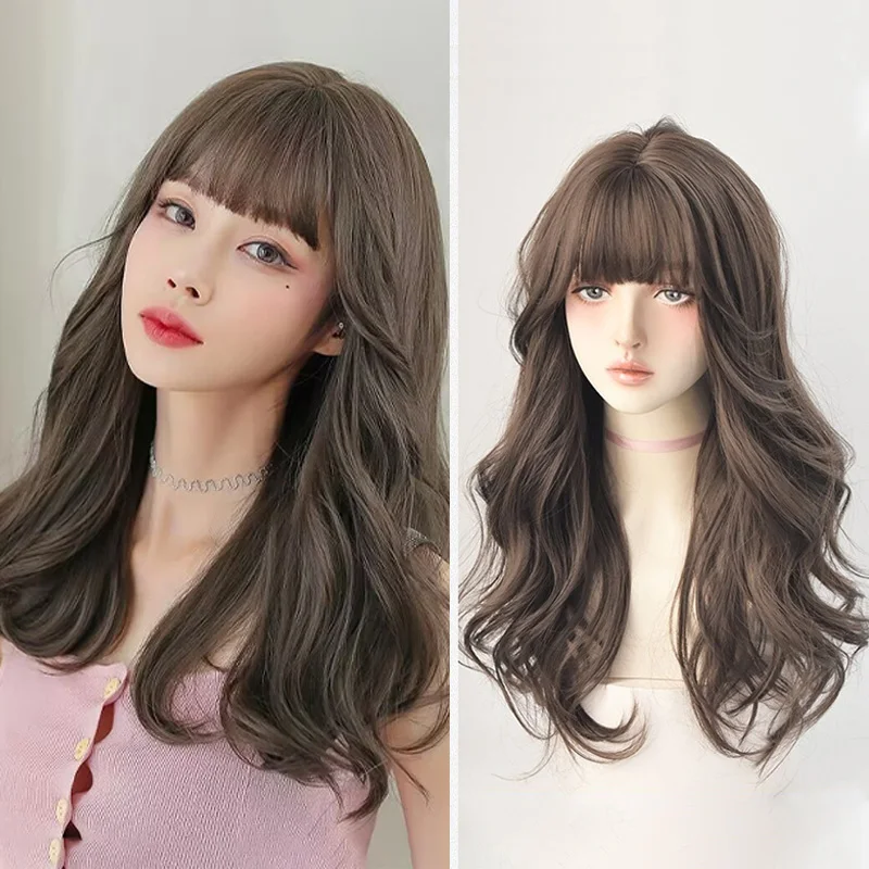 

Synthetic Wigs, Hair Wig, Brown Ash Long Deep Wave, Thick Curls with Bangs, For Women/Girl, Fully Color Fashion Lolita Daily Use