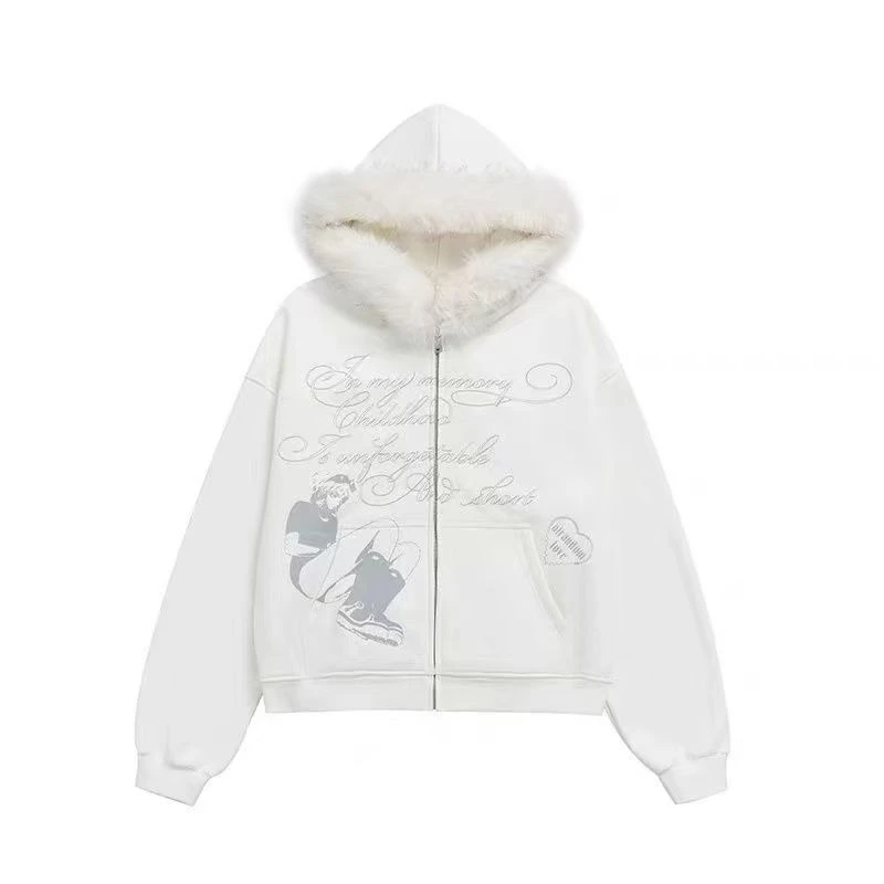 Y2K Japanese Kawai Faxu Fur Hoodies Subculture Streetwear Zipper Coat Cartoon Print Long Sleeve Retro Gothic Sweatshirts view 5