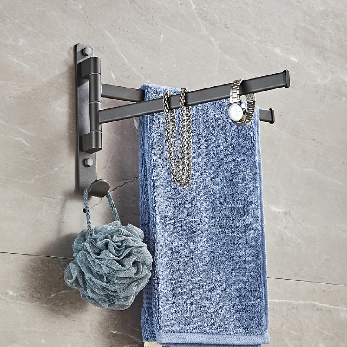Gun Gray Rotating Towel Rack Bathroom Multi-Rod Towel Storage Rack Wall-Mounted Bathroom Space Aluminum Towel Bar Storage Rack