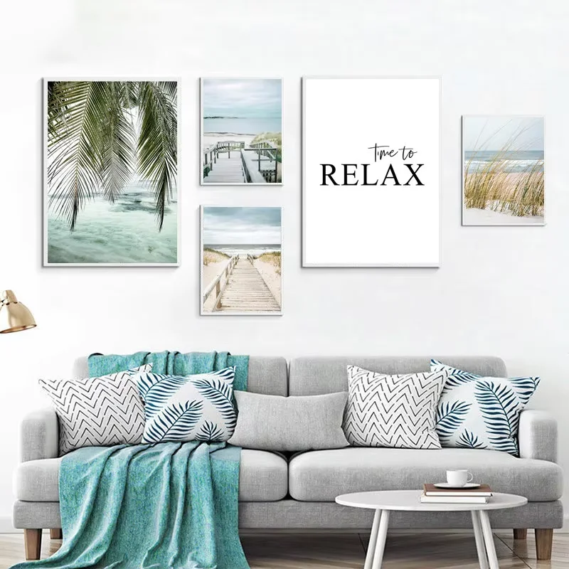 Beach Sea Ocean Poster Wall Art Canvas Painting Bridge Leaves Turtle Seagull Print Vibrant Summer Picture Nordic Home Decoration