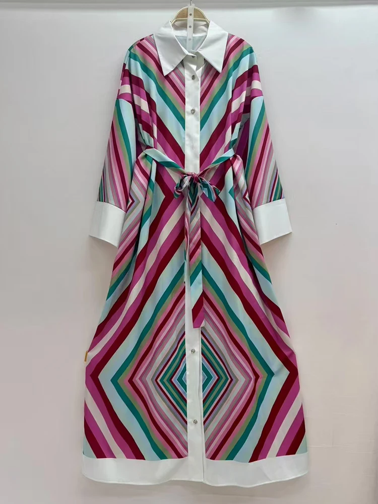 Retro geometric printed lapel single-breasted lace-up dress 2025 Spring women's shirt dress, fashionable loose puffy dress