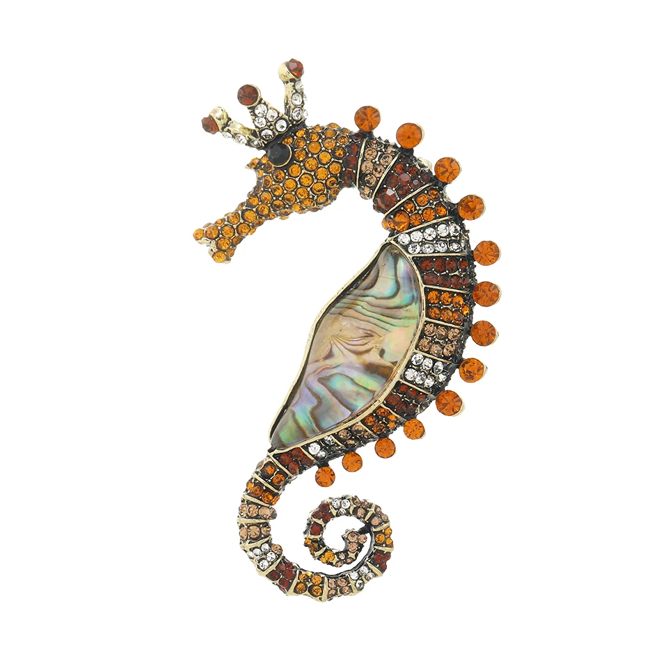 Muylinda Abalone Shell Seahorse Brooches For Women Men 2-color Luxury Wear Crown Rhinestone Hippocampus Brooch Pins Gifts