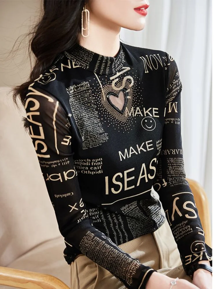 Long Sleeve T Shirt for Women Sequin Printing Glitter Black Turtleneck Rhinestone Tops Woman Y2k Fashion Korea Pulovers Harajuku