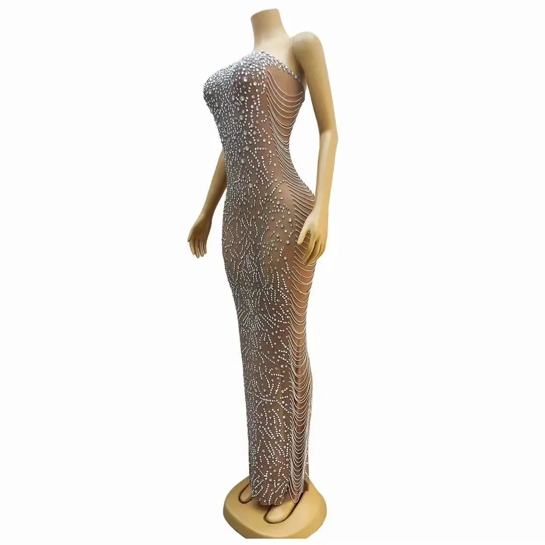 Wieczorne urodziny świętuj kostium bez rękawów sukienka gospodarza seksowne migające srebrne dżetów przezroczyste kryształy łańcuszki sukienka