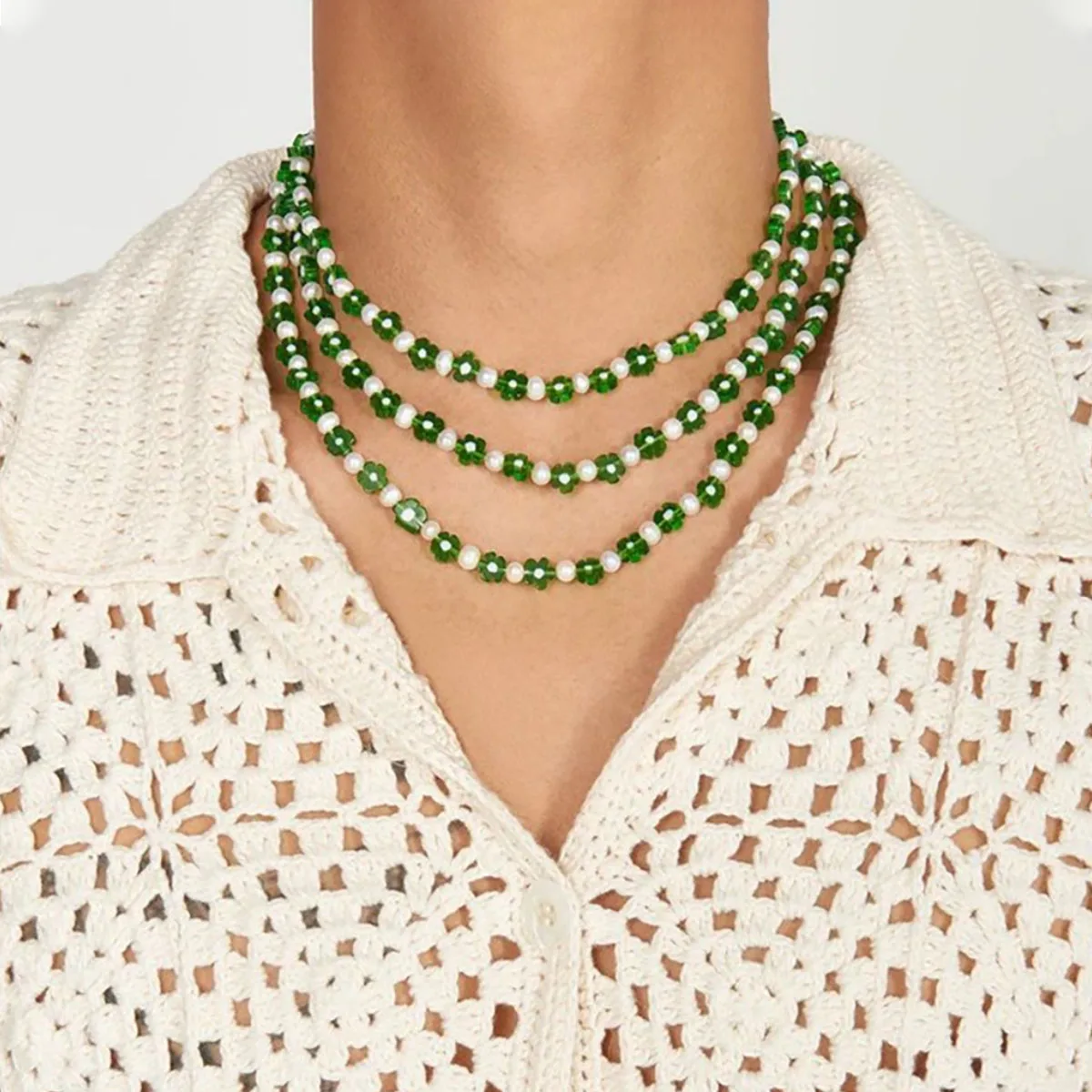 

Baroque freshwater pearl necklace, green glazed floral necklace, fashionable women's jewelry, fashionable party gift