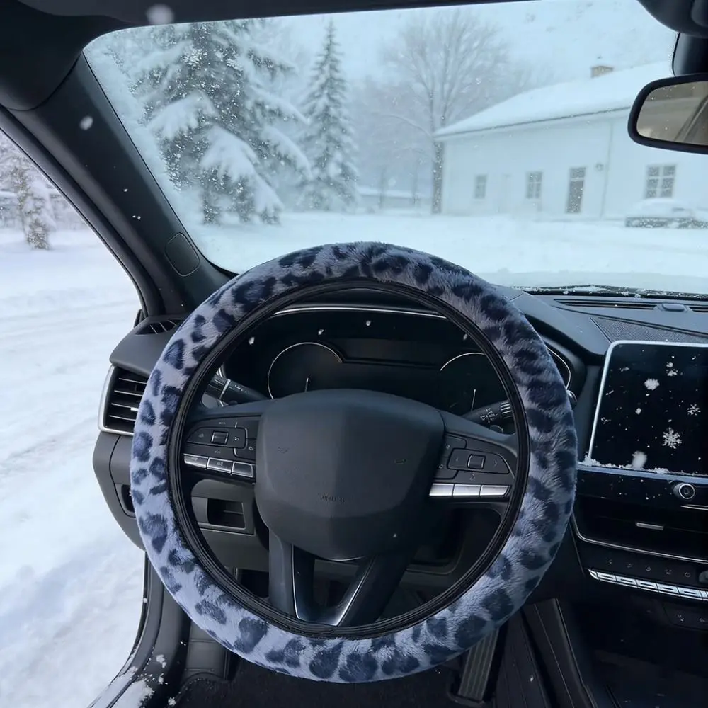 Leopard Steering Wheel Cover 38cm Winter Fur Steering Wheel Cover Artificial Rabbit Fur Universal Car Steering Wheel Cover