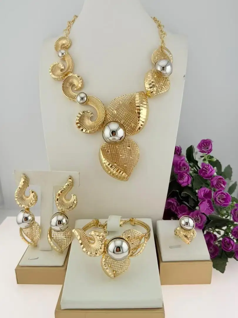 Irregular Fashionable Two Tone Italian Jewelry Stud Trendy llaveros Collar Pulseras pin Pendient tentacles Anillo 4PC Jewel Set
