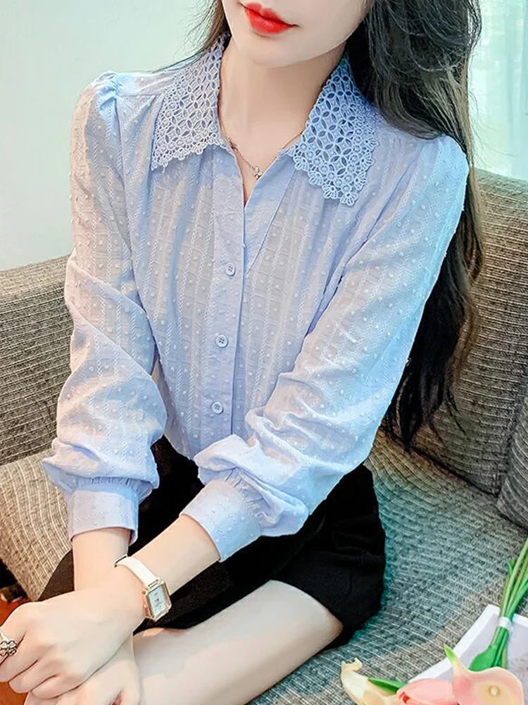 

Women's Cotton Long Sve Hollow out Collar irt Spring Autumn Loose Versatile Top Ladies Faion Korean Sle Neline