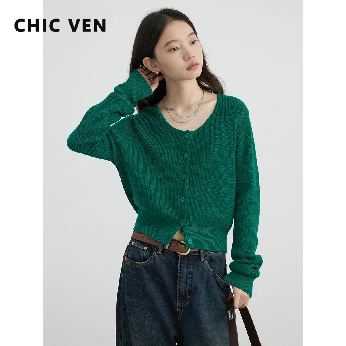 CHIC VEN Korean Women Cardigan Solid Loose Korean Round Neck Knitted Sweaters Single Breasted Female Jumpers Spring Autumn 2024