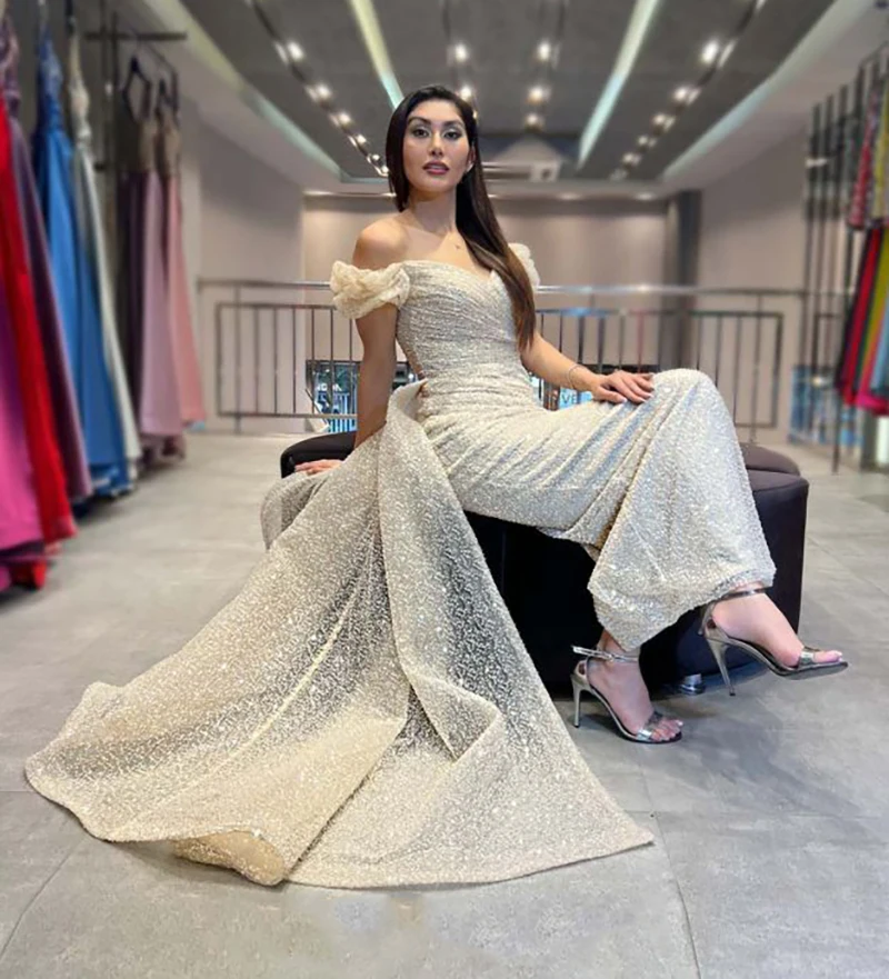 

Glitter Women's Off Shoulder Evening Dresses Formal Detachable Prom Dress Dubai Gogerous Sequins Wedding Party Gowns فساتي