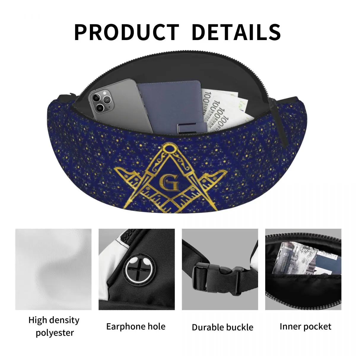 مخصص الماسونية الماسوني رمز حزمة مراوح النساء الرجال موضة الماسونية ميسون Crossbody الخصر حقيبة للمشي الهاتف المال الحقيبة