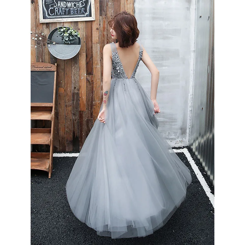 2024 A-line Prom Dress with Layers Skirt in Glittering Tulle Scroll Lace Bodice V-neck with Thin Straps Sliver Gray Gown