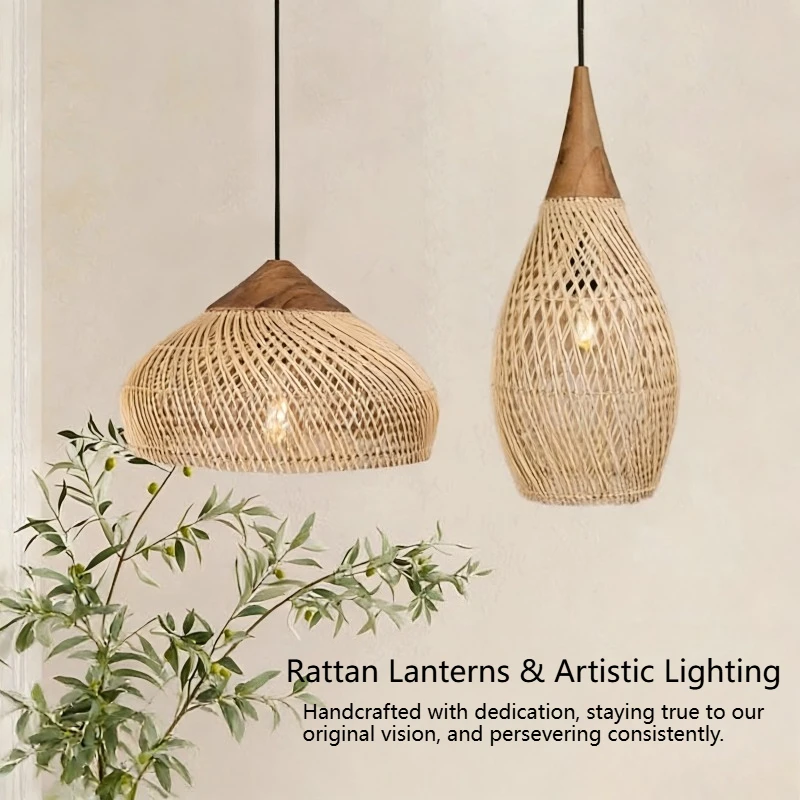 

Japanese Wabi-Sabi Rattan Pendant Light - Hand-Woven E27 Boho Lamp for Restaurant Coffee Shop Dining Room Kitchen Island