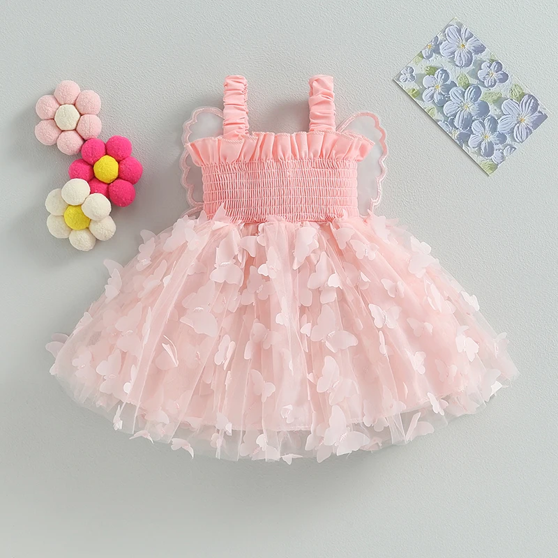 VISgogo Toddler Baby Girls Princess Dress 3D Butterfly Ruched Sleeveless Layered Tulle Cami Dress Summer Casual Clothes Dresses