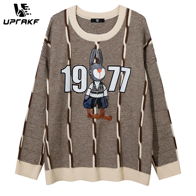 UPRAKF Rabbit Pattern Sweater Loose Pullover Winter Tops Autumn Fashion Streetwear Long Sleeve