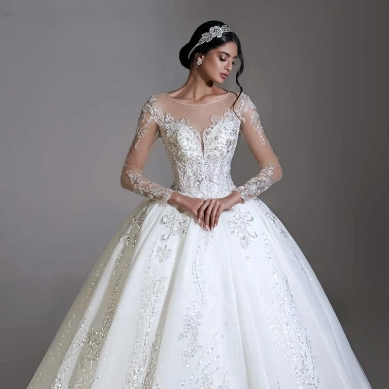 Baljurk Trouwjurk 2023 Luxe Prinses Kralen V-Halslijn Met Lange Mouwen Appliques Bruidsjurken Robe De Mariee