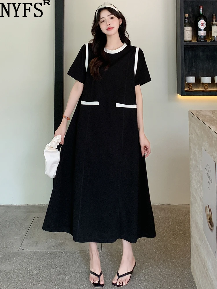 

NYFS 2023 Summer New Korea Woman Dress Vestidos Robe Elbise Loose Plus Size Fake Two Pieces Short Sleeve Long Dresses