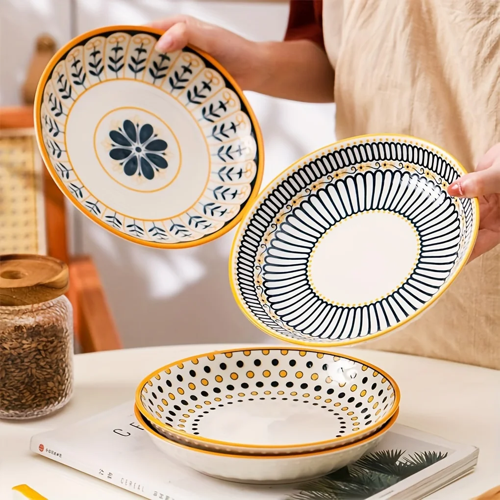 4Pcs 8‑Inch Round Ceramic Shallow Bowl Set,Mixed‑Color Underglaze‑Color for Pasta Salad Soup Dessert,Microwave & Dishwasher‑Safe