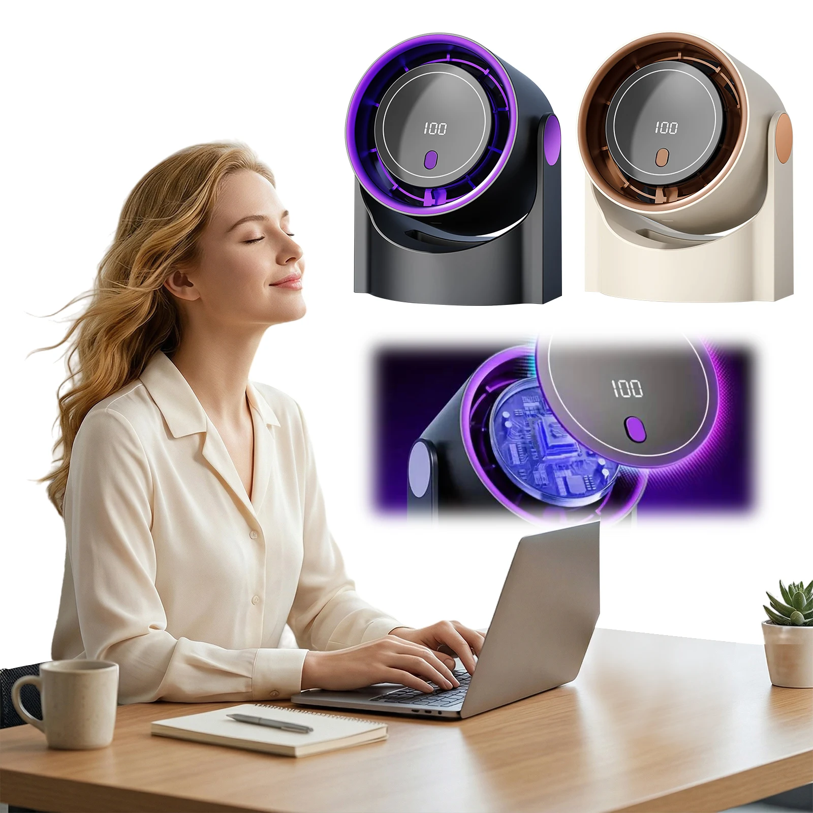 

Small Desk Fan 100 Speeds Digital Display Desktop Fans with Rechargeable Battery Wall-Mouted Design for Bedroom Office Travel
