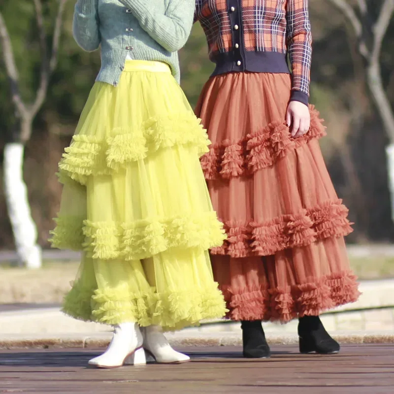New  layered   irregular cake skirt 3 layer yarn long  fairy high waist thin