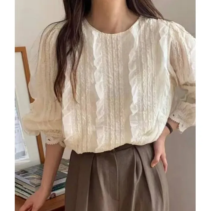 

Женский круглый топ Ne Button up Pure Color Floral Sve Top Dongda Gate Autumn New Sle Simple Sweet Youthful