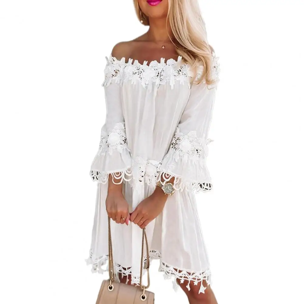 Hollow Out Flower Applique Star Summer Dress 2023 Lace Off Shoulder Trumpet Sleeve Solid Color Women Midi Dress