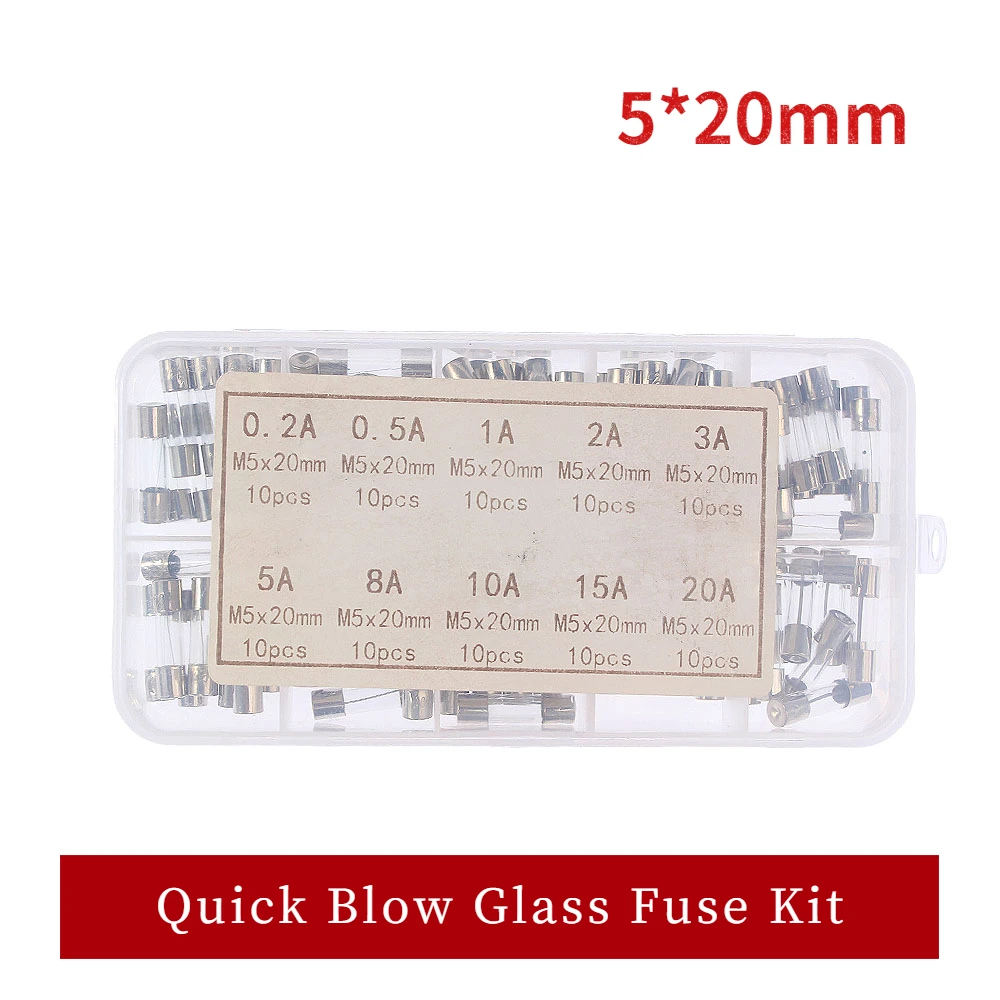 100pcs 5*20mm Fuses 250V Quick Blow Glass Fuse Assortment Kit 0.2A 0.5A 1A 2A 3A 5A 8A 10A 15A 20A