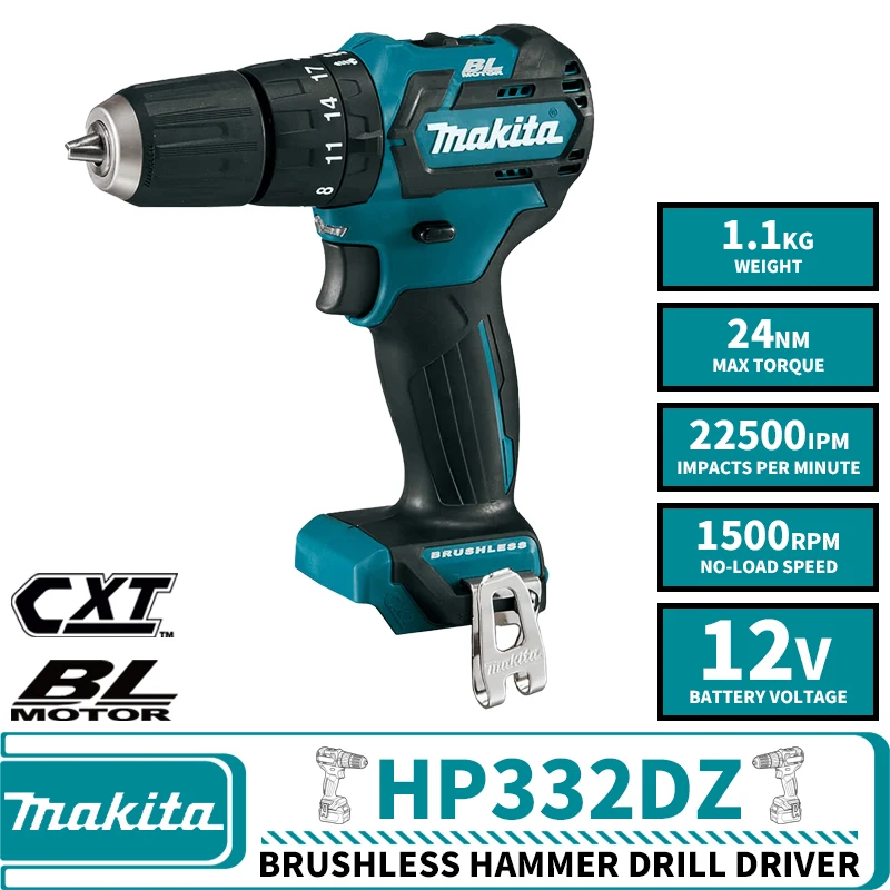 Makita HP332DZ CXT Hammer Drill Driver 12V MAX Brushless Cordless Impact Screwdriver Electric Drill 24Nm Bare Machine