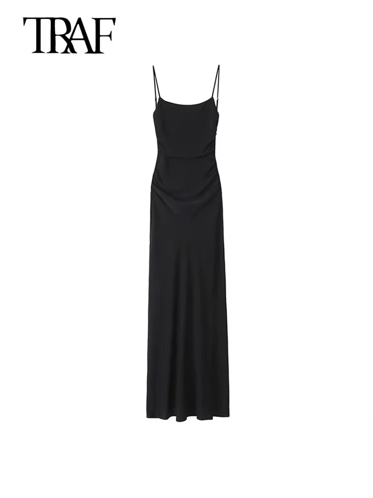 TRAF-Draped Midi Dress for Women, Straight Neck, Thin Straps, Backless Female Dresses, Chic Fashion