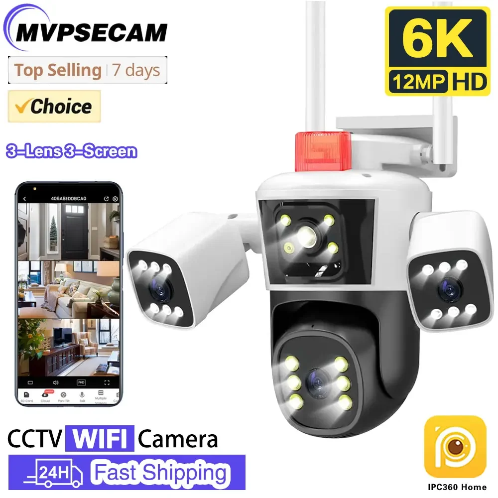 

6K 12MP IP Camera WiFi Three Screens Outdoor PTZ Cameras Home Security Protection Auto Tracking CCTV Video Surveillance Camera