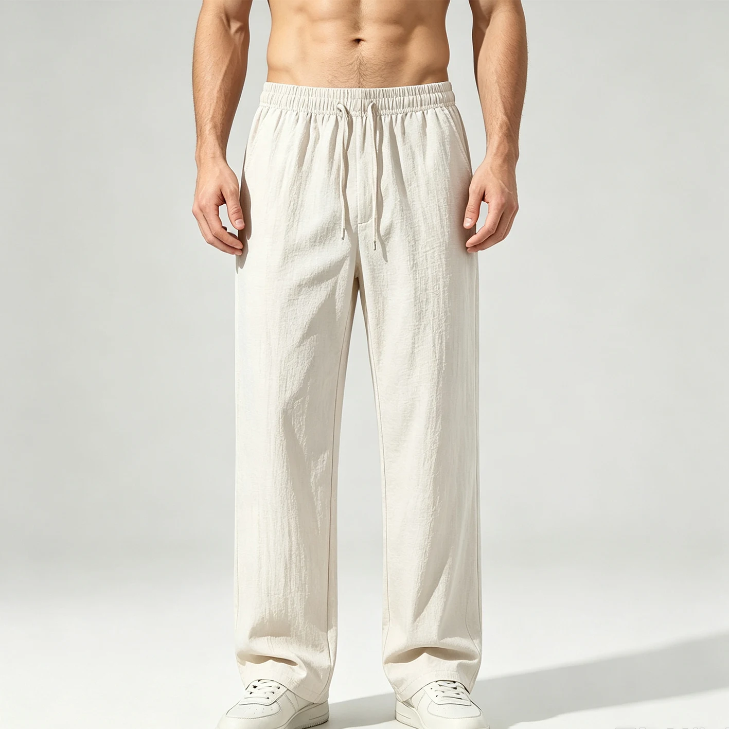 Men's Linen Blend Casual Pants Wrinkle Textured Drawstring Elastic Waist Loose Straight Lightweight Summer Beach Trousers