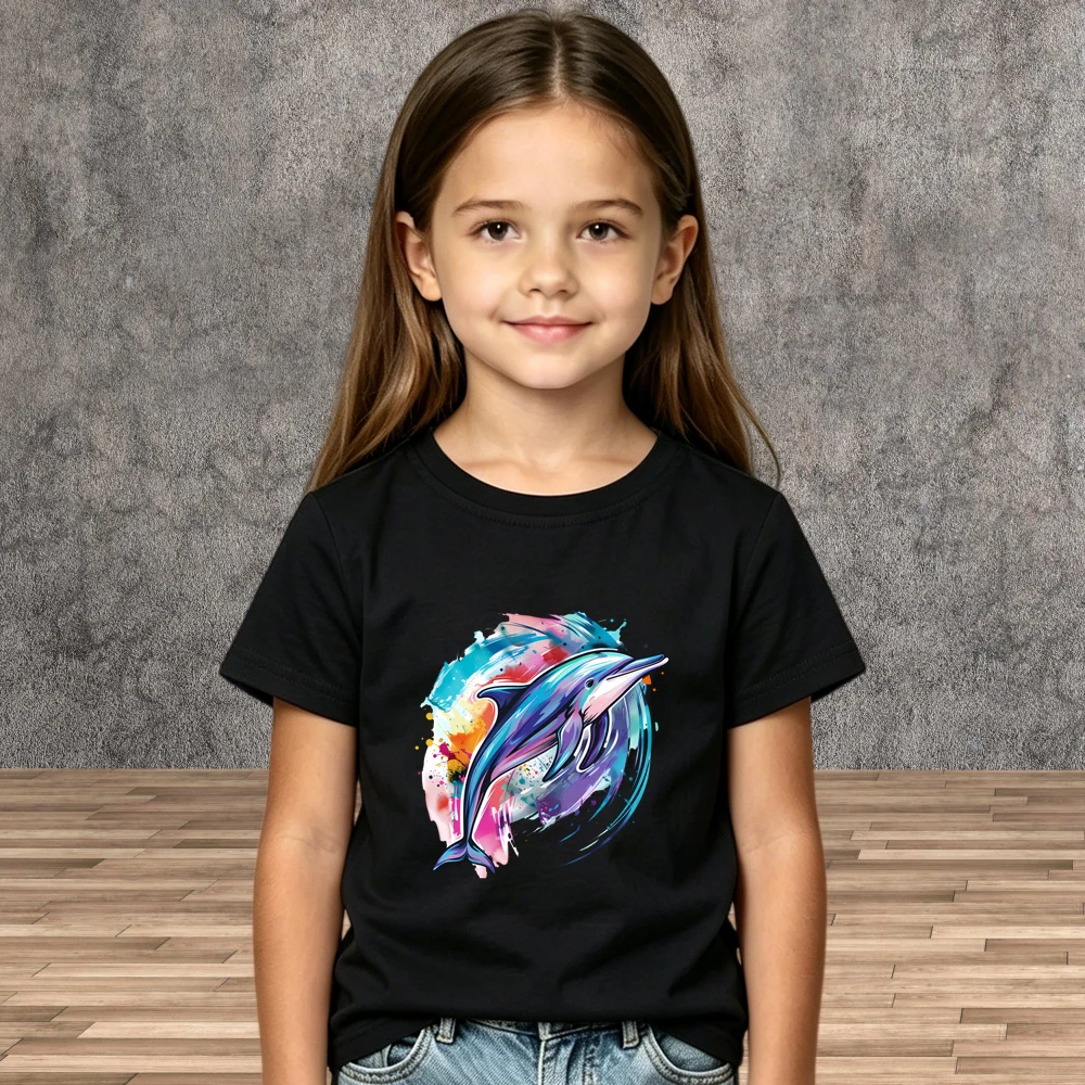 Summer Kids T-Shirt Boys Girls Cartoon Dolphin Graphic Short Sleeve Sea Animal Tees